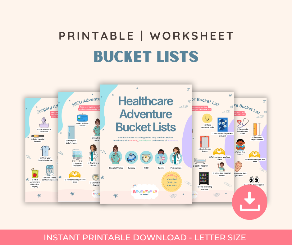 Healthcare Adventure Bucket Lists for Kids | Hospital, Surgery, Pediatrician, Dentist & NICU Printable | Medical Play PDF