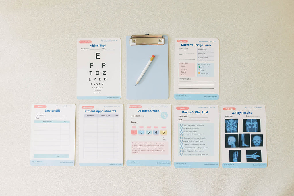 Kids Doctor Pretend Play Kit | Medical Play Cards, Clipboard, Pencil, Stickers