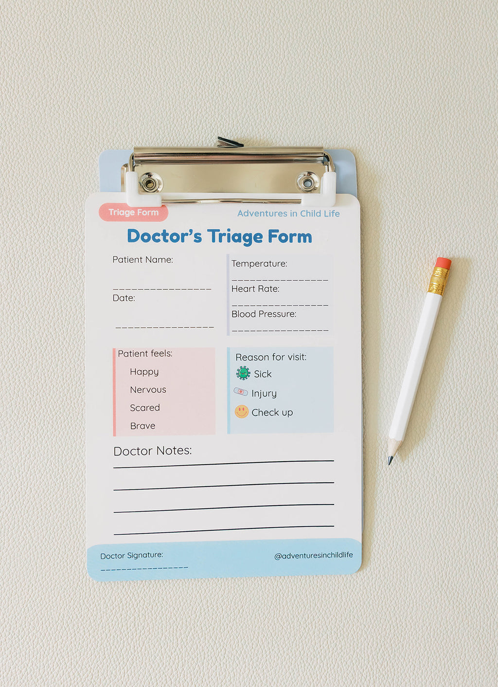 Kids Doctor Pretend Play Kit | Medical Play Cards, Clipboard, Pencil, Stickers