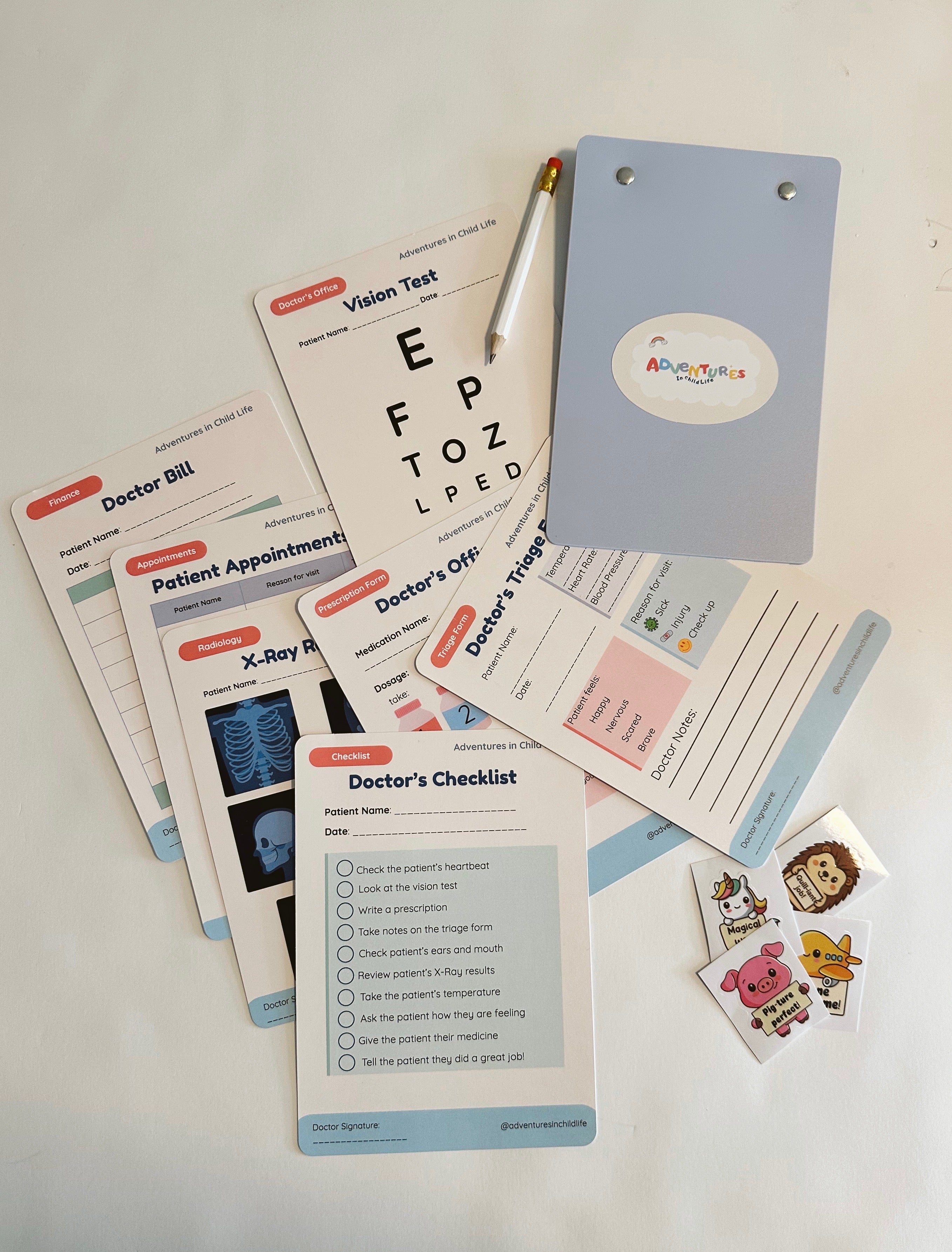 Kids Doctor Pretend Play Kit | Medical Play Cards, Clipboard, Pencil, Stickers
