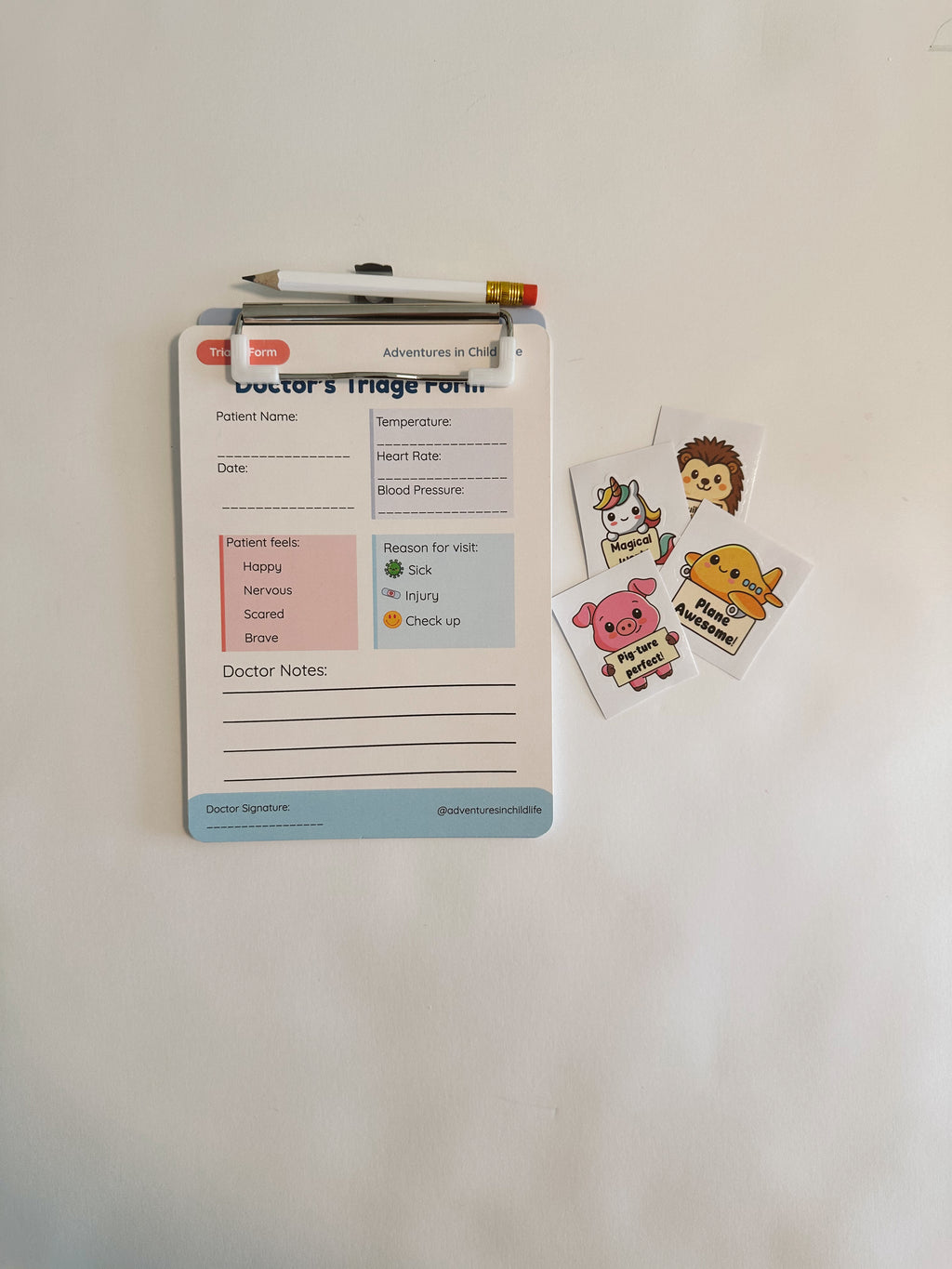 Kids Doctor Pretend Play Kit | Medical Play Cards, Clipboard, Pencil, Stickers
