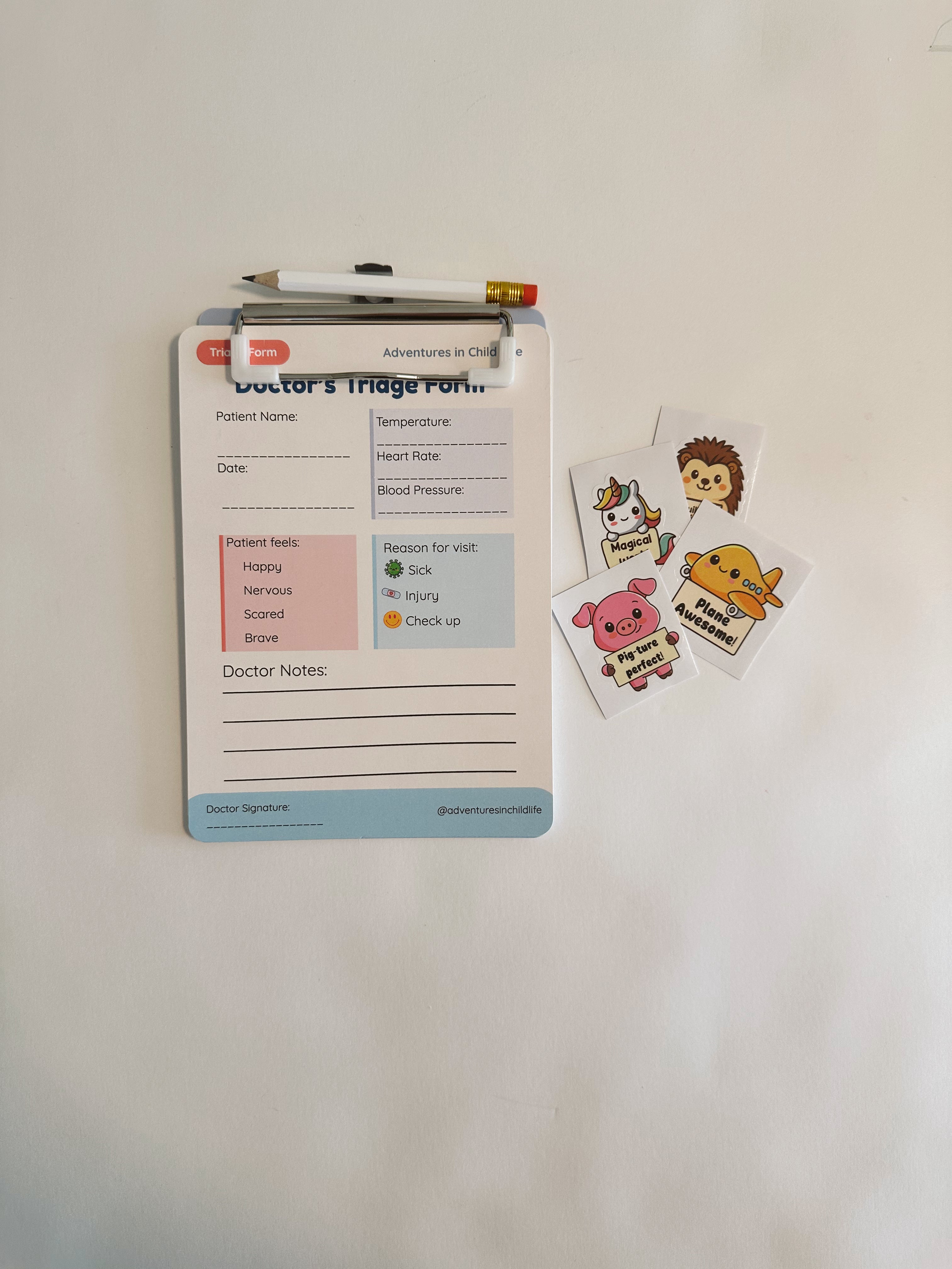 Kids Doctor Pretend Play Kit | Medical Play Cards, Clipboard, Pencil, Stickers